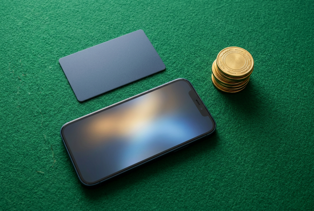 Detailný záber na platobnú kartu a smartfón na zelenom súkne s rozmazanými žetónmi v pozadí