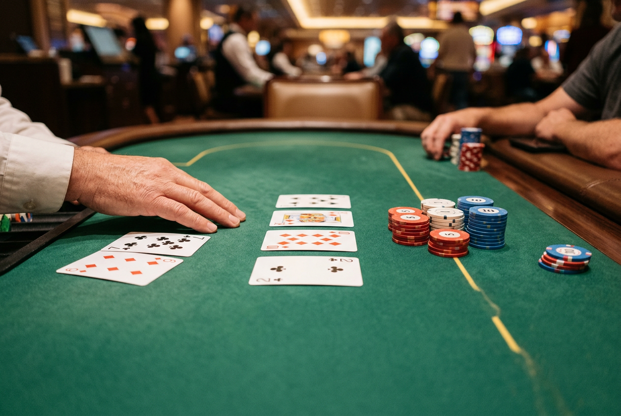 Rozloženie kariet a žetónov v hre Texas Hold'em poker